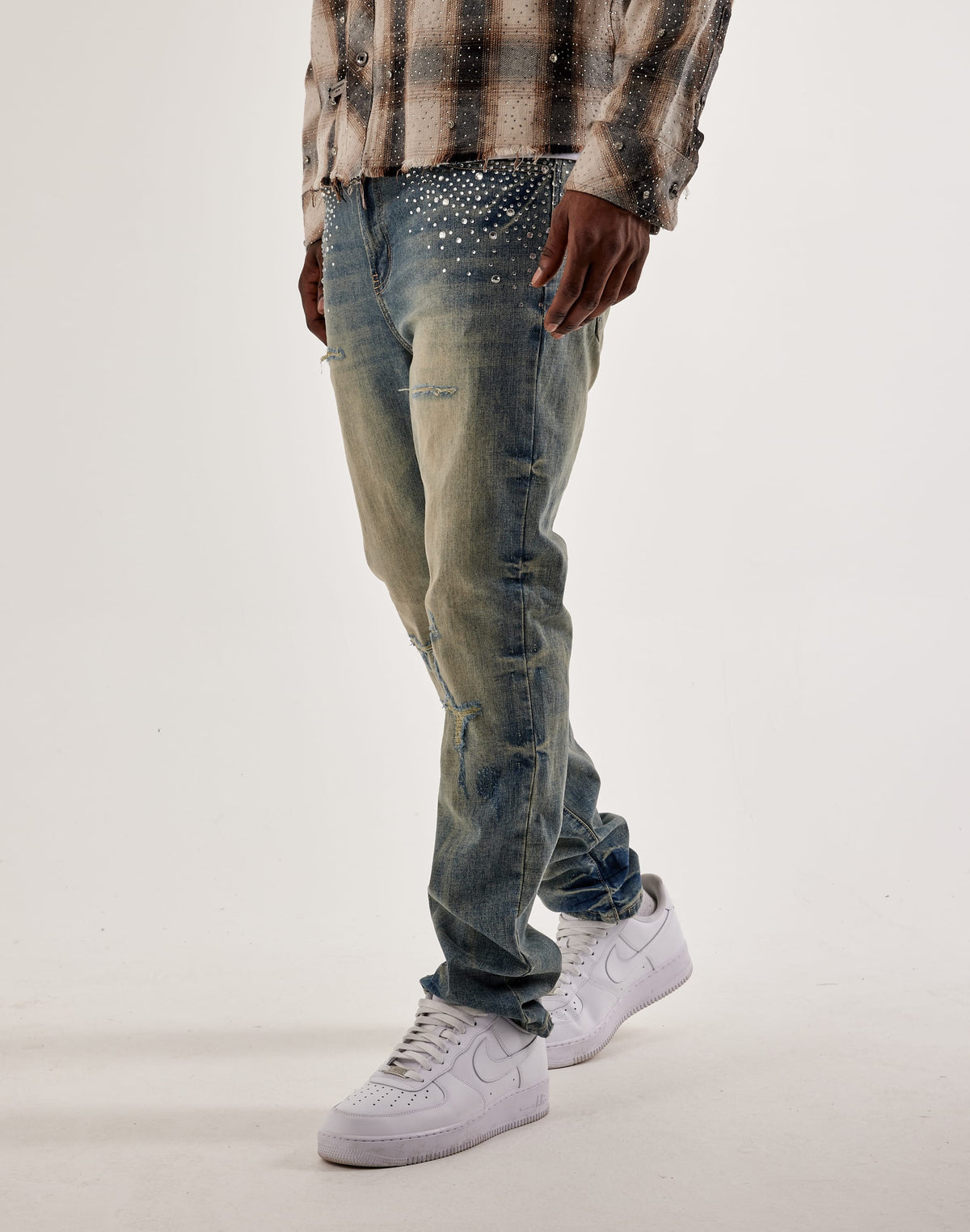Preme Stacked Rhinestone Distressed Denim Jeans